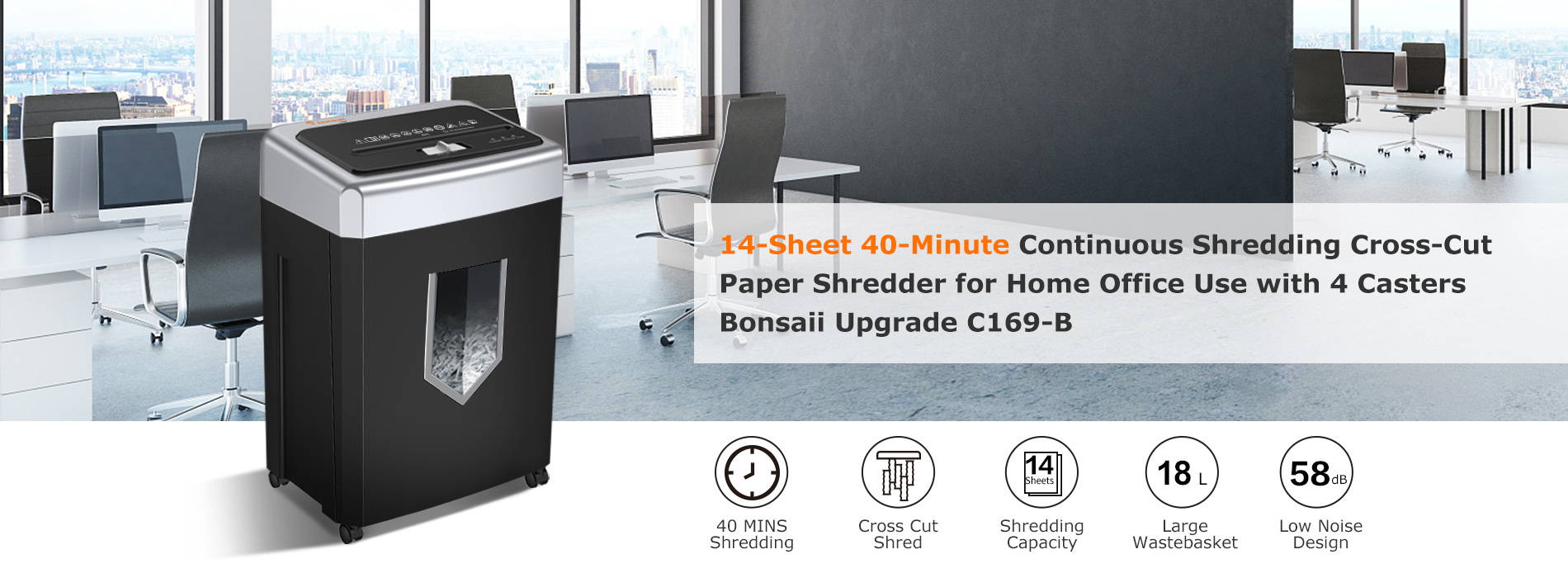 14-Sheet 40-Minute Continuous Shredding Cross-Cut Paper Shredder for Home Office Use with 4 Casters Bonsaii Upgrade C169-B