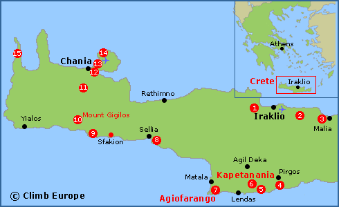 Map of the main rock climbing areas in Crete