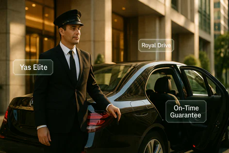 A man dressed as a professional chauffeur stands next to an open black luxury car door in front of a modern building.
