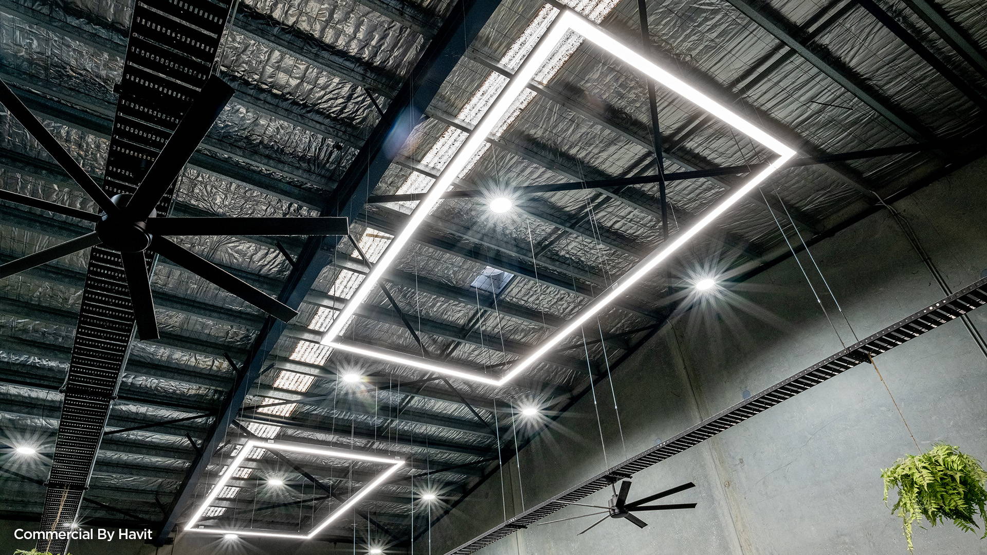 2 LED Custom made Pendants by Havit Commerical, illuminating the interior of a gym.