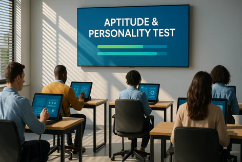Four people are seated at individual desks using laptops, participating in an aptitude and personality test displayed on a large screen in a sunlit room.