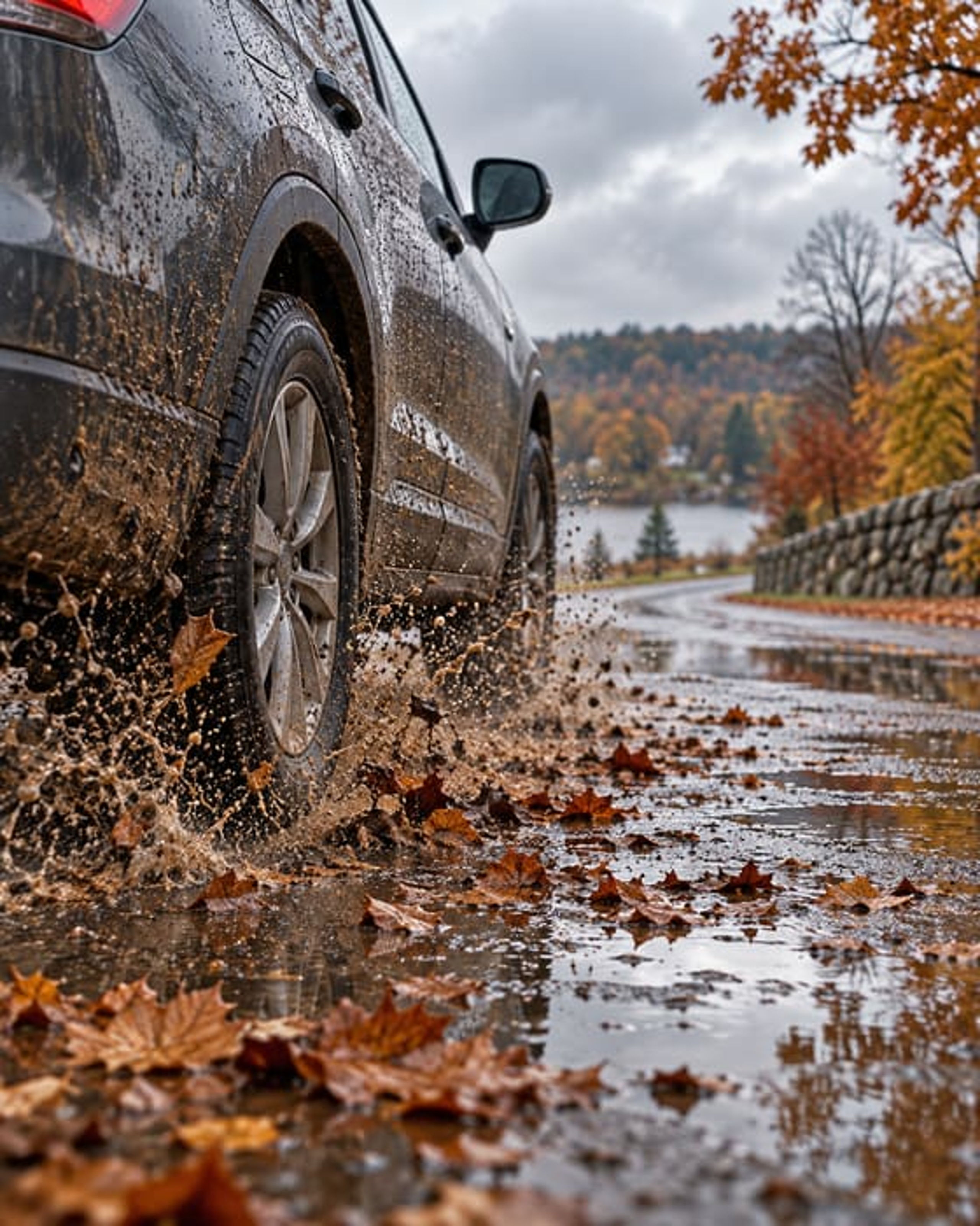 An SUV splashing through a muddy track