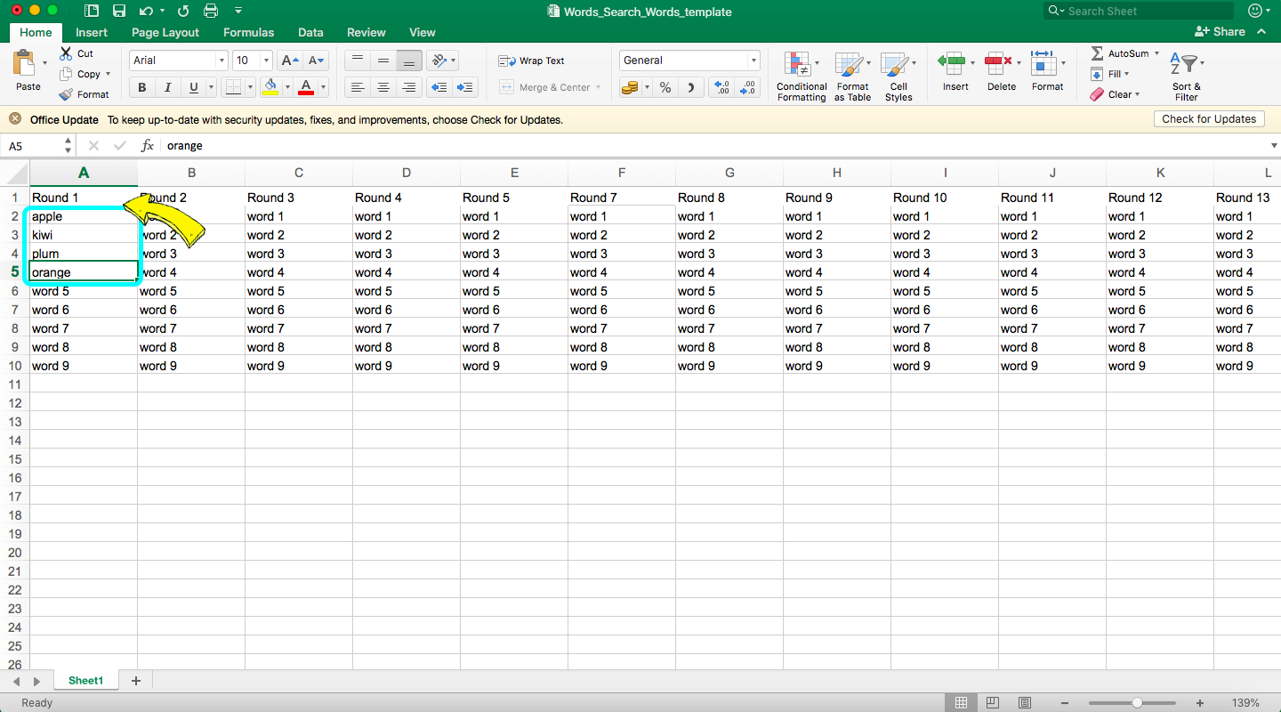 Word search game questions .xlsx file