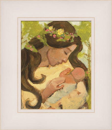 Framed painting of Eve with flowers in her hair holding her infant.