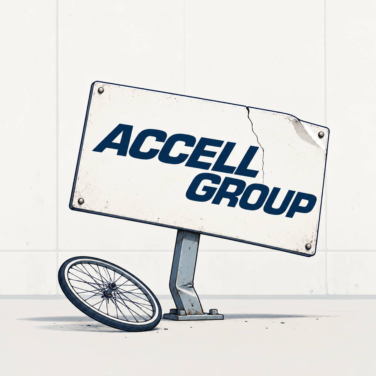 Scheef Accell-bord met een los fietswiel na het faillissement van Accell