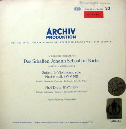 1st Press Archiv / FOURNIER, - Bach Suites for Cello So...
