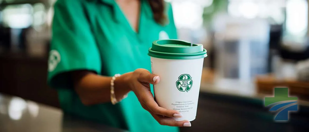 Nurse choosing eco-friendly practices with reusable cup and recycling