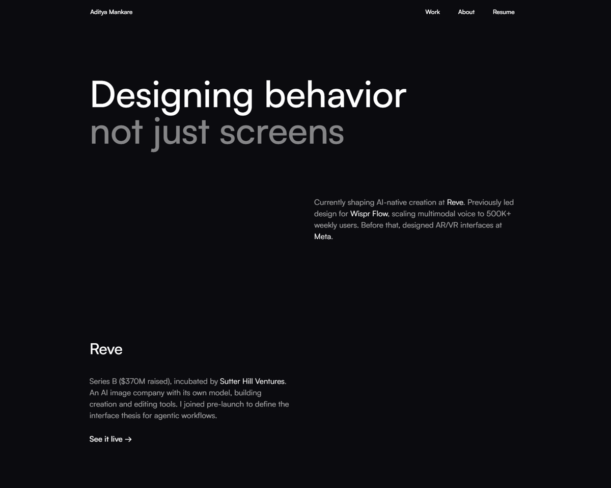 Screenshot of Aditya Mankare, from the product designer portfolios collection.