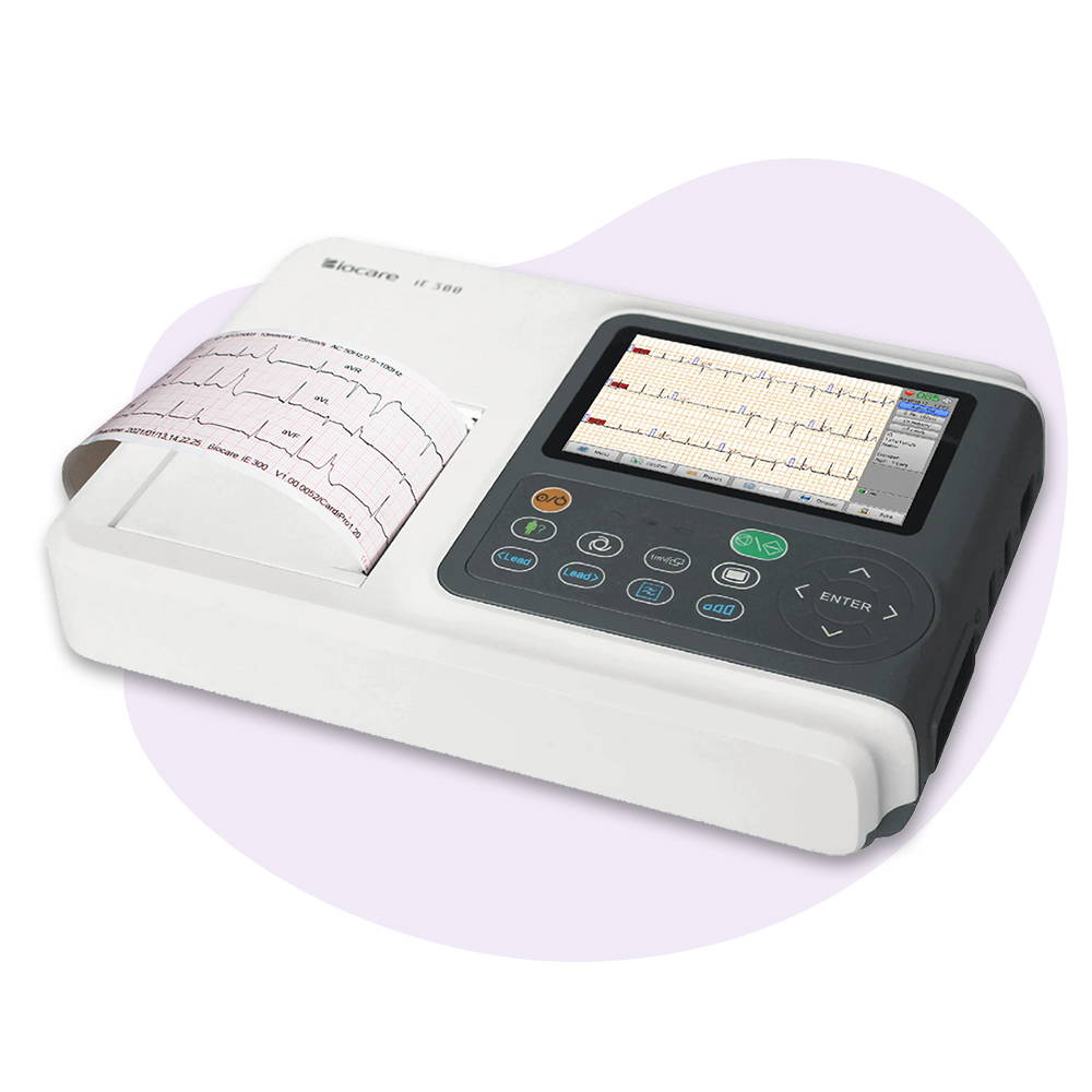 iE300 ECG unit prints out 3-channel ECG paper.