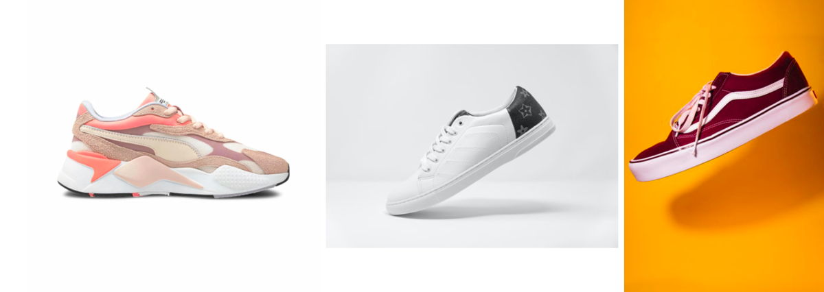 Three images of sneakers with different height and width