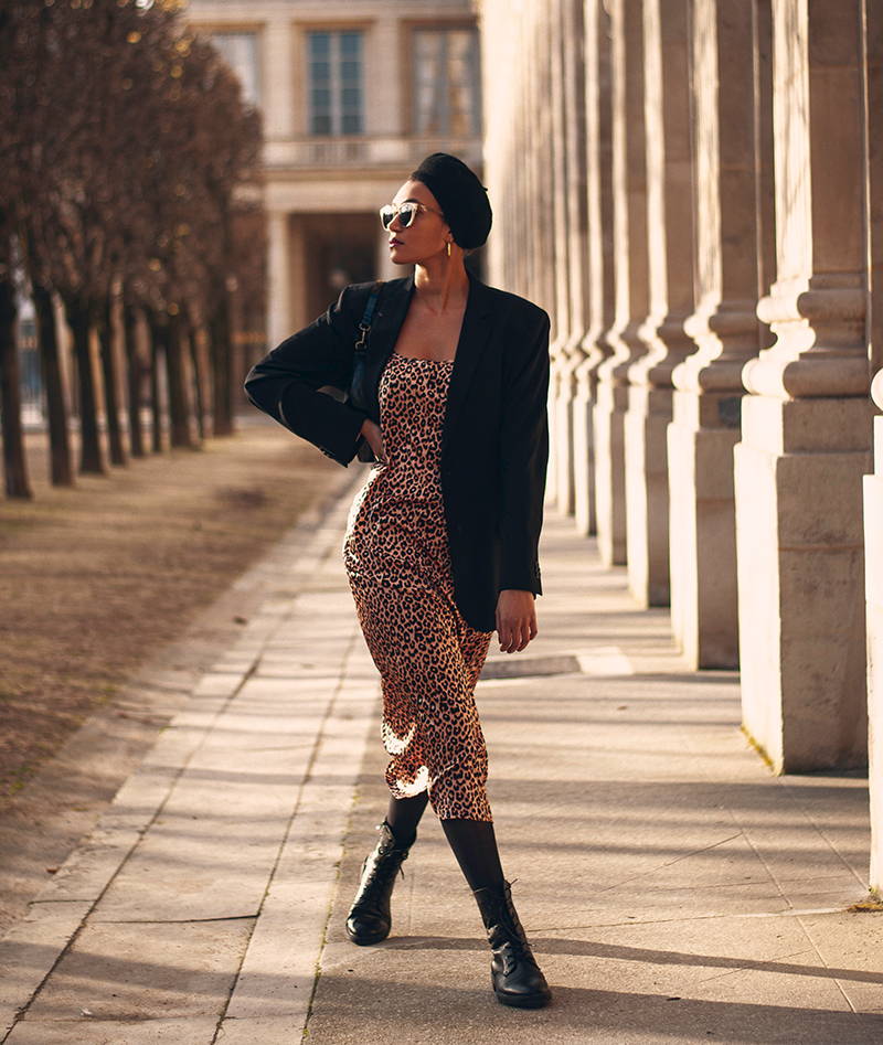 YOLKE girl Lena Farl wearing Leopard Print Silk Slip Dress Caramel