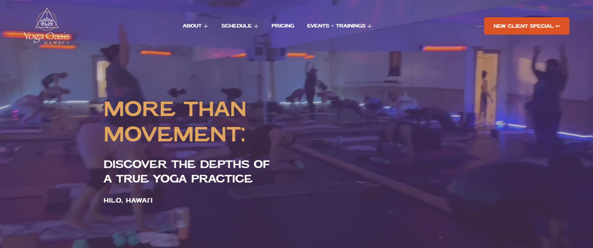 Screenshot of Hot Yoga Hilo, from the squarespace yoga websites collection.