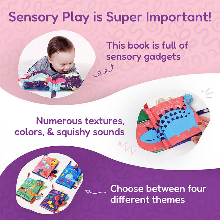Infographic showcasing numerous textures, colors, and squishy sounds of the Montessori Baby Soft Book for children.
