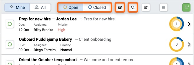 Open and Closed, Archived, and Search buttons in the Assignments Inbox header