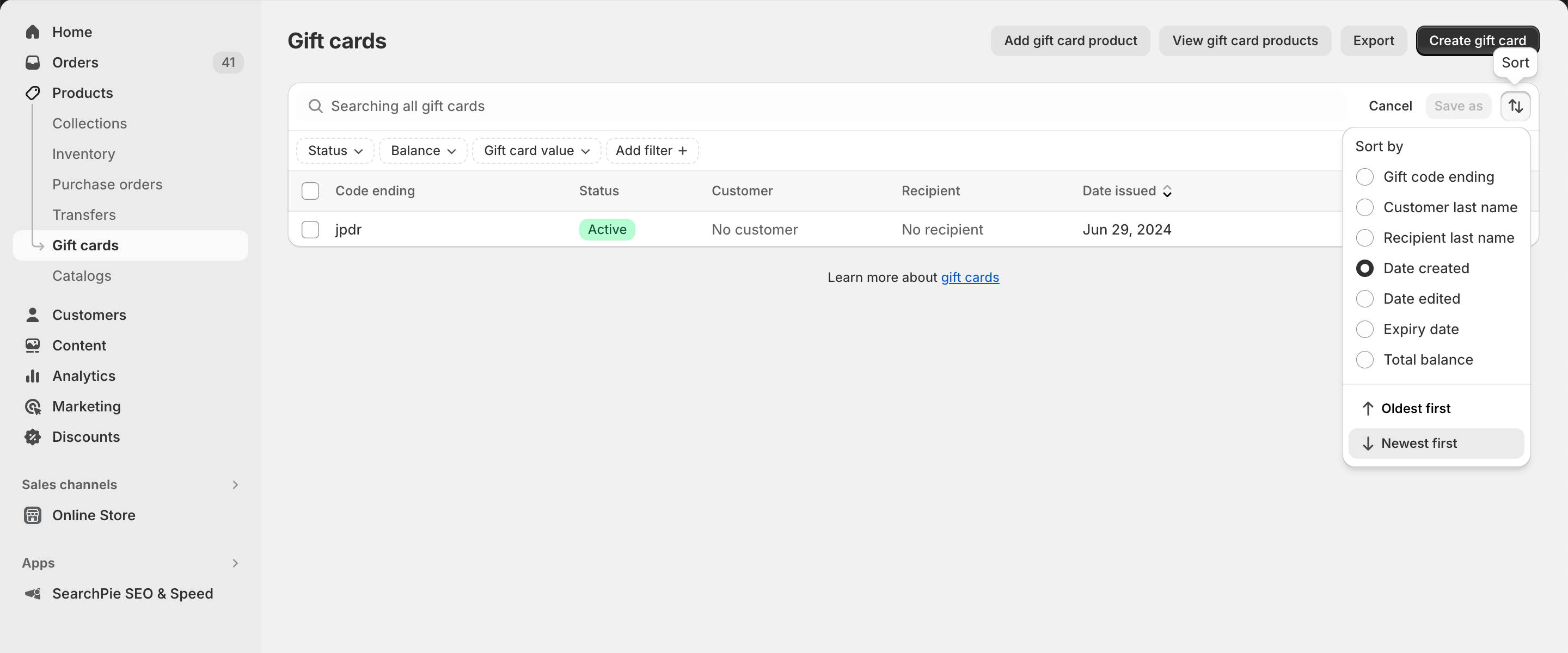 filter and sort Shopify gift cards