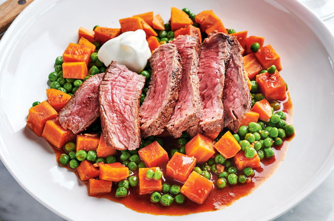 Top Sirloin Steaks with Peas and Sweet Potato