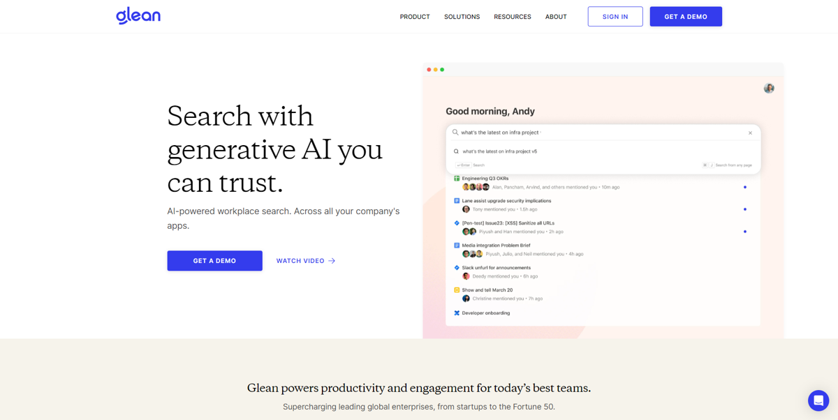 Screenshot of Glean, from the startup websites collection.