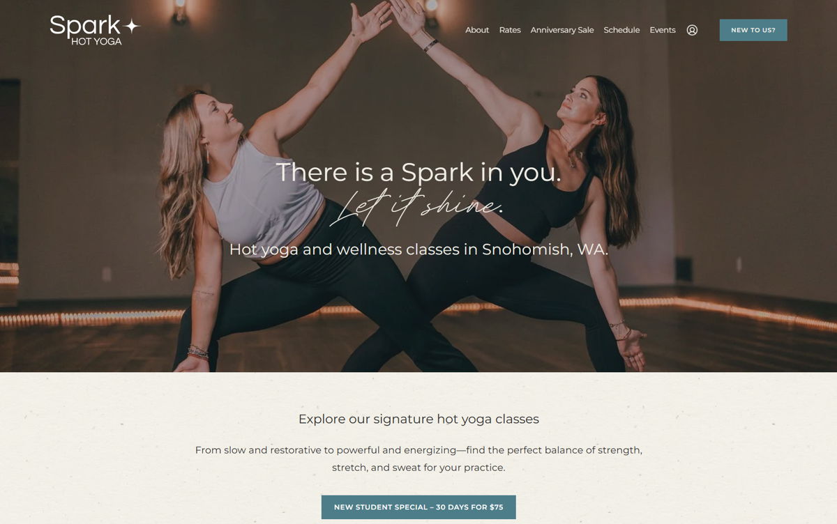 Screenshot of Spark Hot Yoga, from the squarespace yoga websites collection.