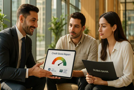 Banker presenting a positive credit score report and loan approval details on a tablet to a satisfied couple at a bank.