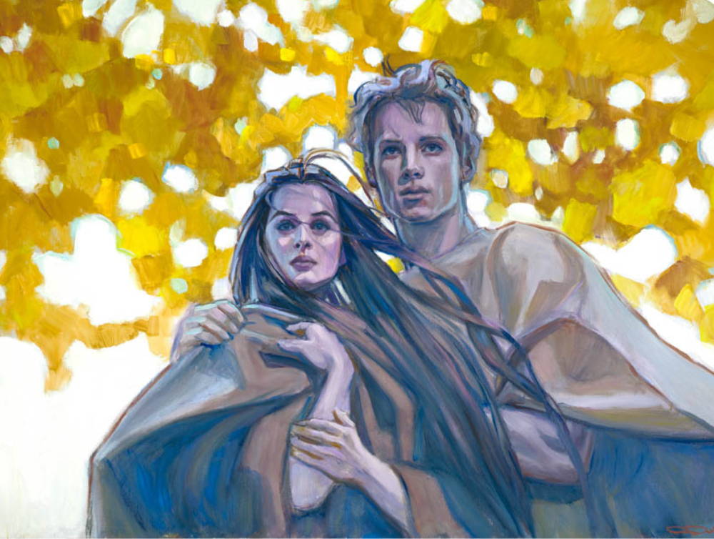 Painting of Adam and Eve against yellow leaves.