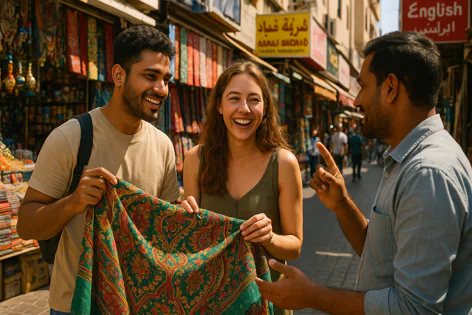 Two smiling tourists, a young man and woman, look at a colorful green and red patterned textile held between them, talking happily with a vendor in a bustling market.