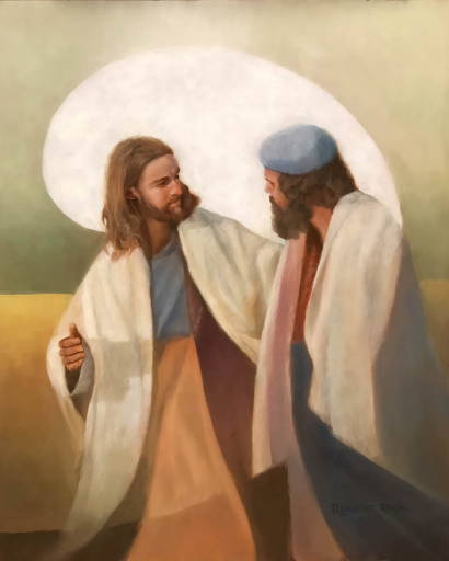 Jesus walking with a man and having a conversation.