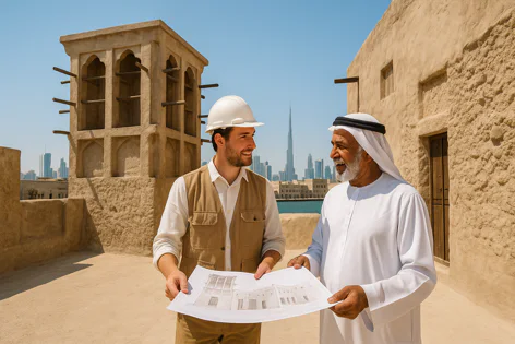 Two men, an architect and an older local man, examine building plans on a rooftop in historic Dubai. The modern skyline including Burj Khalifa is visible in the background.