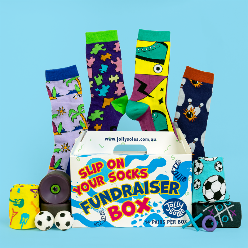 Activity Themed Jolly Soles Fundraiser Sock Box featuring socks with sports patterns like golf, soccer, roller-skates, dancing and billard balls.  