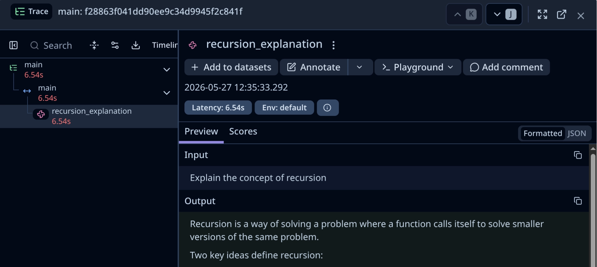 Traces collected "with" the context manager in Langfuse.