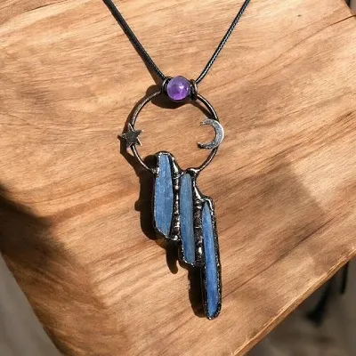 Kyanite & Amethyst Crystal Pendant - Includes Leather Band