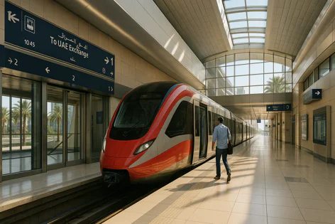 A man walks towards a sleek red and white metro train at a modern station platform with signage pointing to UAE Exchange, glass walls, and sunlit palm trees outside.