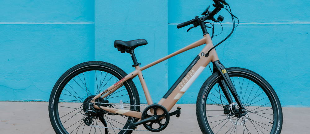 a tan Aventon Pace 500.2 electric city bike