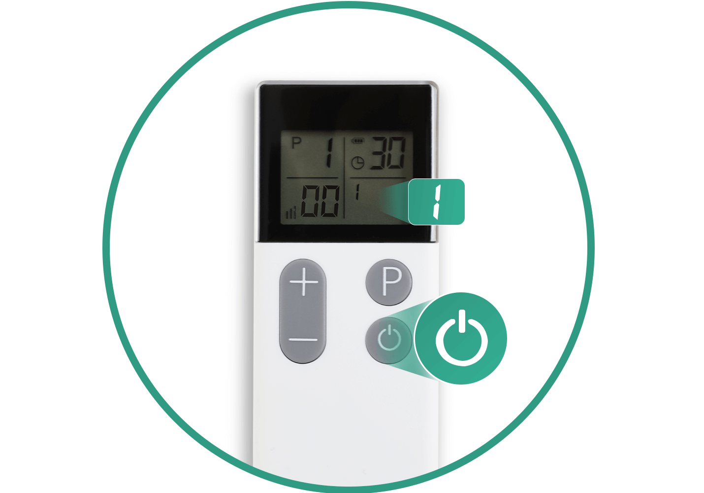 Close-up of the Wellue TENS remote showing the power button and therapy mode button with a 30-minute session on the display