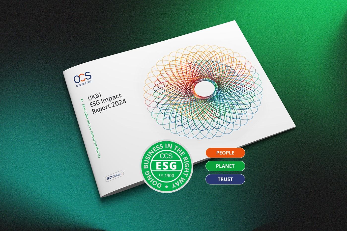 A UK&I ESG Impact Report 2024 booklet with a colorful geometric design on the cover, positioned on a green gradient background, alongside ESG icons labeled “People,” “Planet,” and “Trust.”.