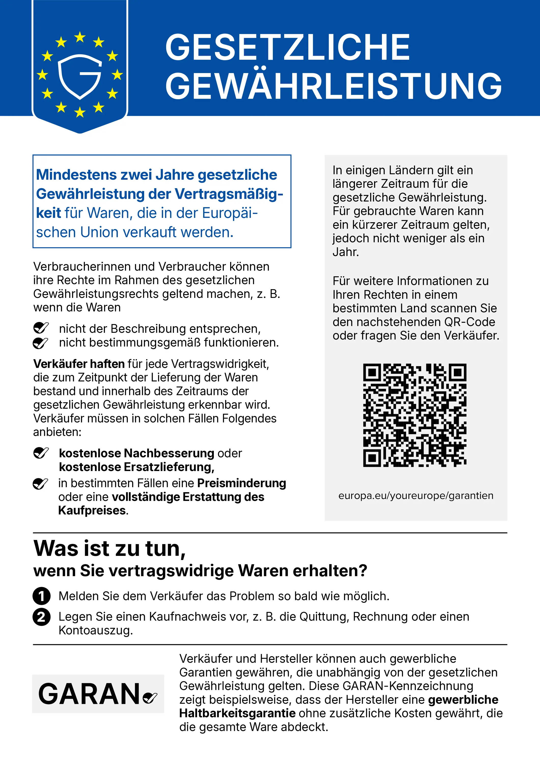 EU-Hinweis zur gesetzlichen Gewährleistung für Waren: mindestens zwei Jahre. Vollständiger Hinweis mit QR-Code und Informationen zu Ihren Rechten.