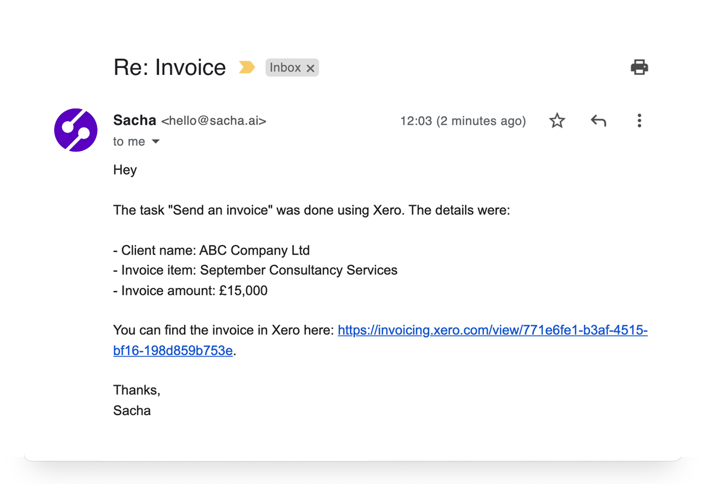 Send email response example   sacha.ai