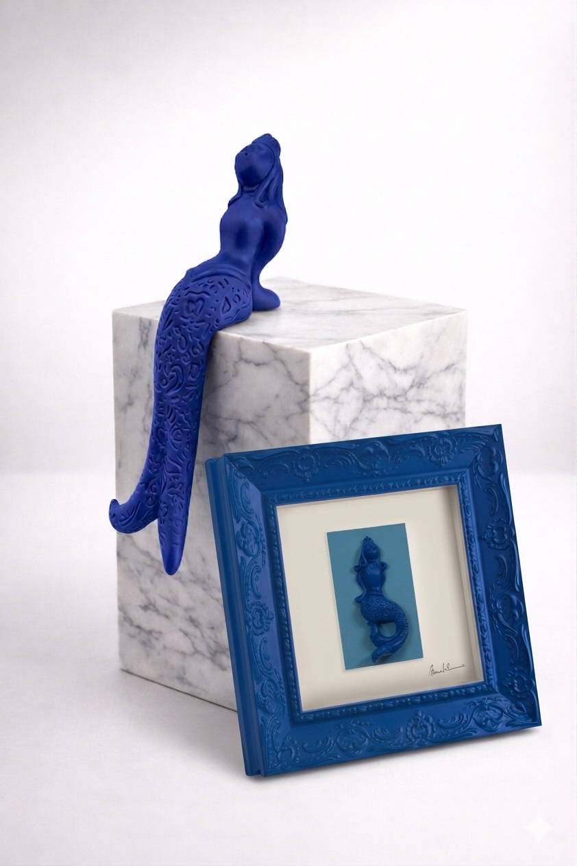 Collezione Parthenope: sirena in resina blu su plinto di marmo