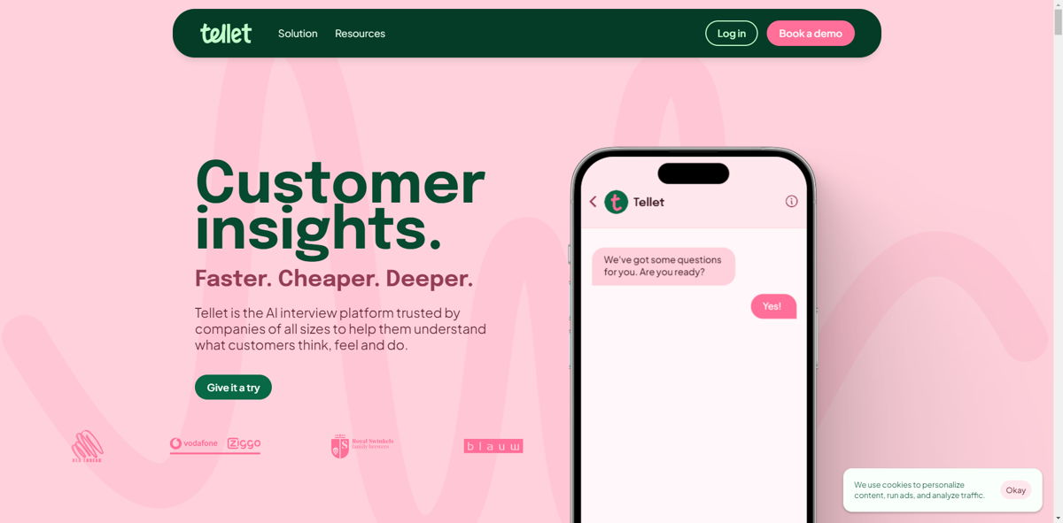 Screenshot of Tellet , from the saas websites collection.