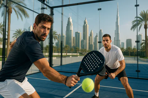 Two athletes playing padel on an outdoor court in Dubai, with the city skyline and palm trees visible through glass walls.