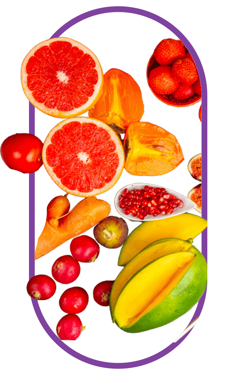 Image of colorful fruits rich in lutein with text highlighting benefits for eye protection, vision enhancement, and antioxidant support, linked to a multivitamin for women.