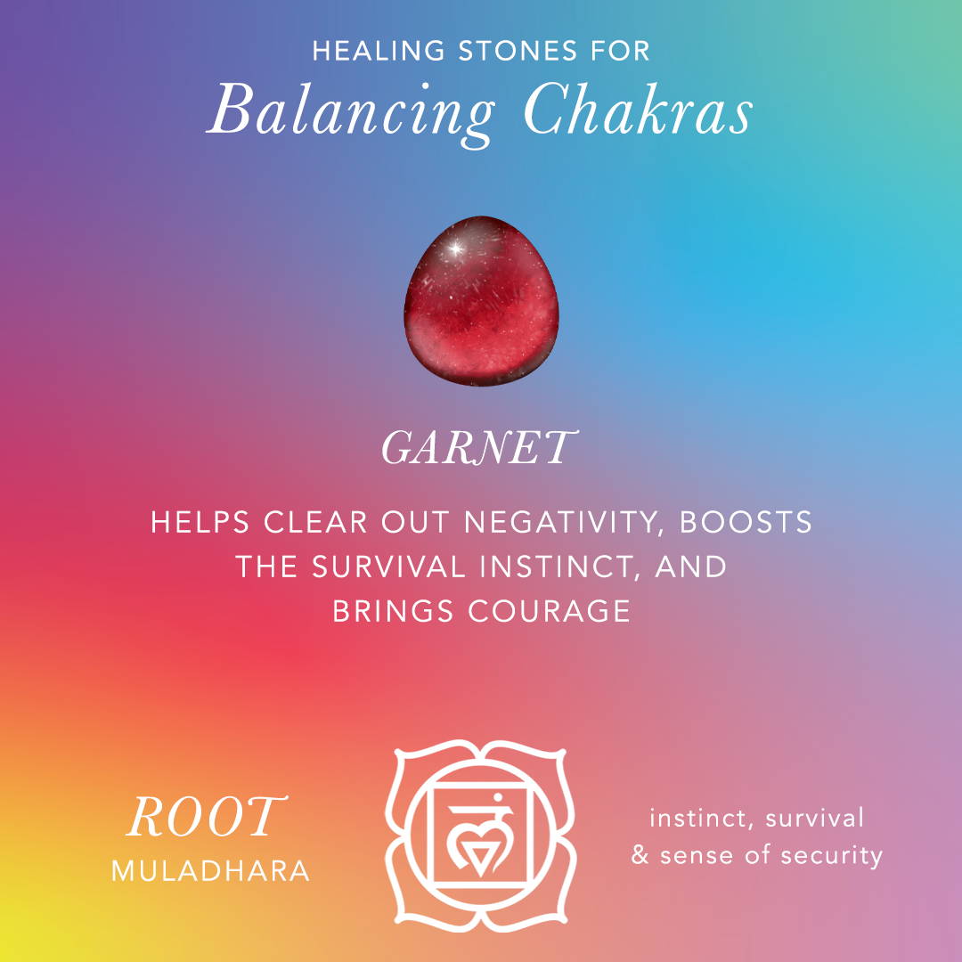 Healing Stones for Balancing Chakras: Garnet: Helps clear out negativity, boosts the survival instinct, and brings courage. Root: muladhara, instict, survival, and a sense of security.