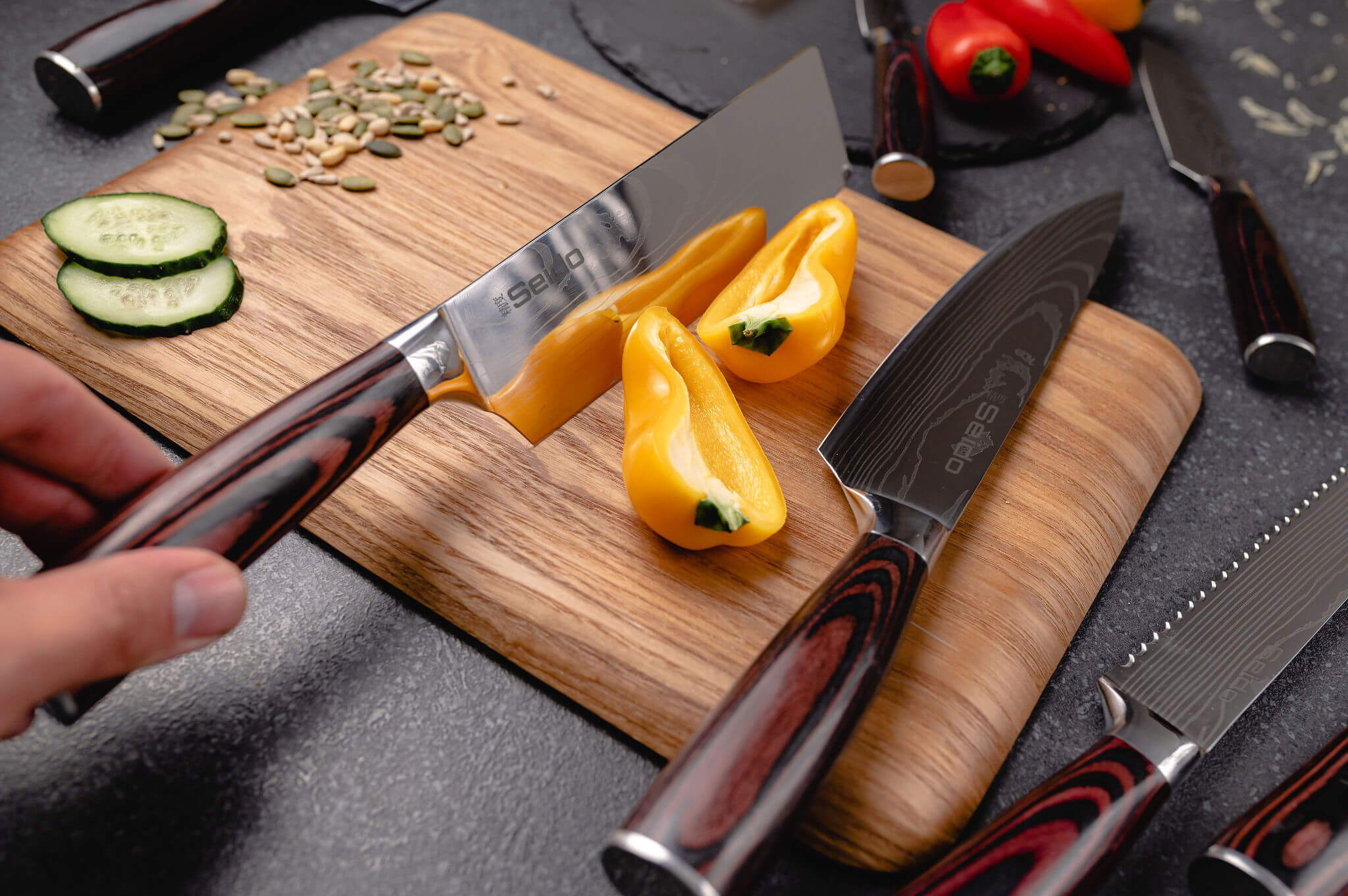 Seido japanese kitchen Chef knife cutting meat