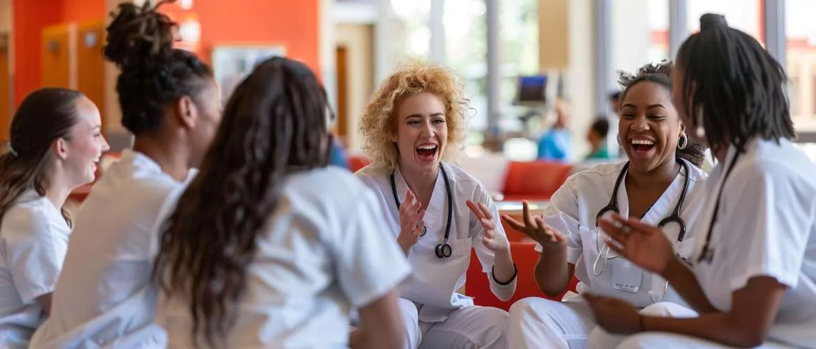 Travel nurses sharing a laugh in a hospital lounge, bonding over humor
