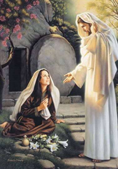 Jesus greeting Mary at the tomb. She is sitting on the ground with oils and flowers, smling up at Him. 