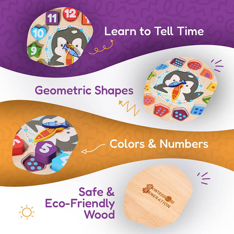 Infographic showcasing different elements of a wooden children's clock with a Penguin motive and shape pieces with numbers.