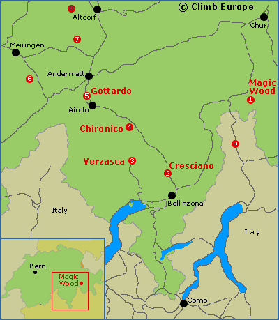 Map of the bouldering areas in Southeast Switzerland