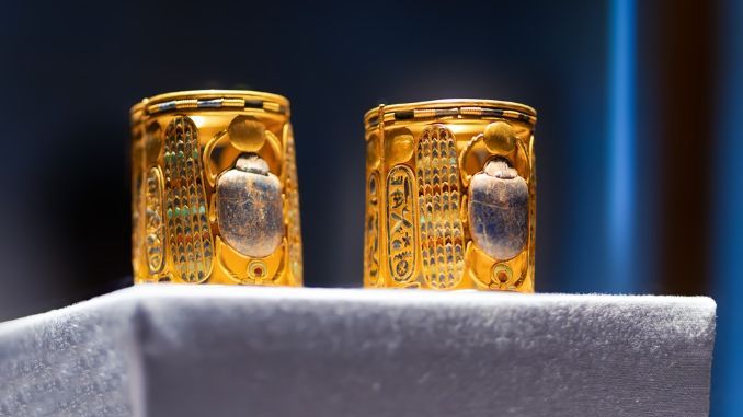 Cairo, Egypt - November 17, 2023 jewellery found in the royal necropolis of Tanis, burial of the king Psusennes I.
