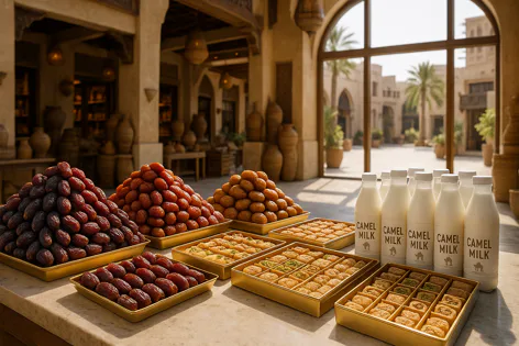 Piles of brown and red dates, trays of golden Middle Eastern pastries, and bottles of camel milk displayed in a traditional market.