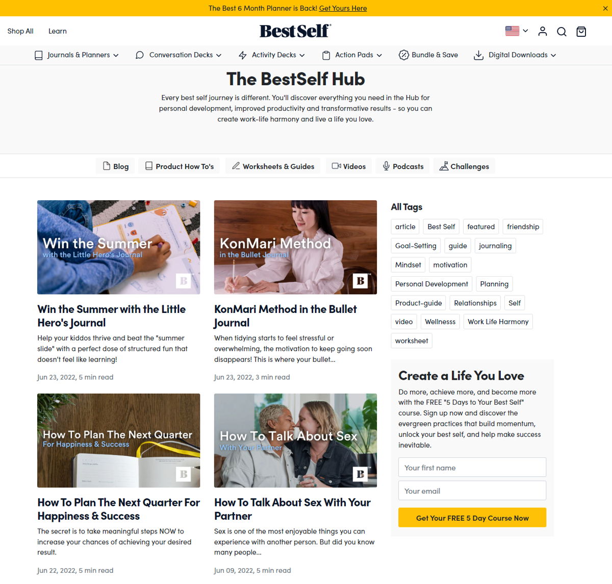 Screenshot of The BestSelf Hub, from the shopify blog examples collection.