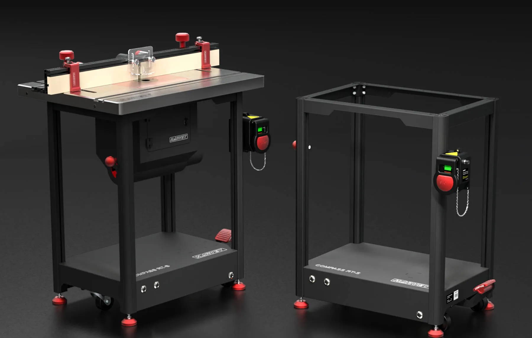 Compass Router Table System complete assembly with Compass RT-S Table Stand, RT-800, RF-36, RT-DC, RT-S next to Compass RT-S Router Table Stand